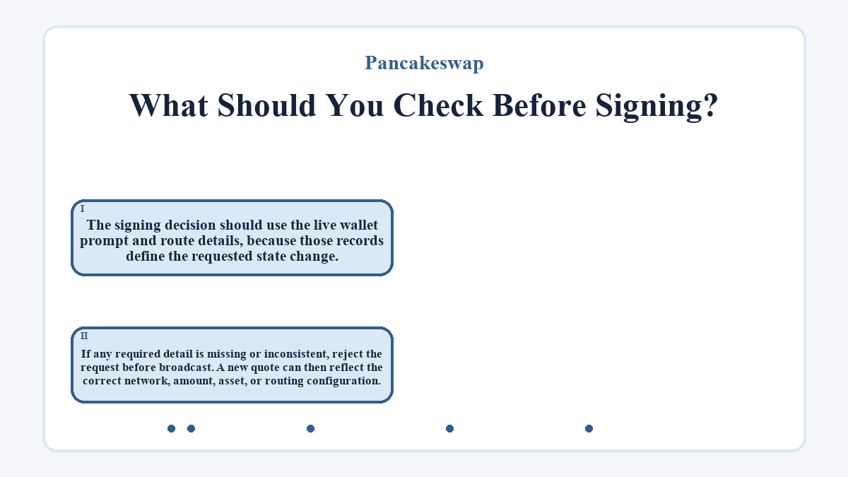 What Should You Check Before Signing?: The signing decision should use the live wallet prompt and route details, because those records define the requested state change.; If any required detail is missing or inconsistent, reject the request before broadcast. A new quote can then reflect the correct network, amount, asset, or routing configuration.